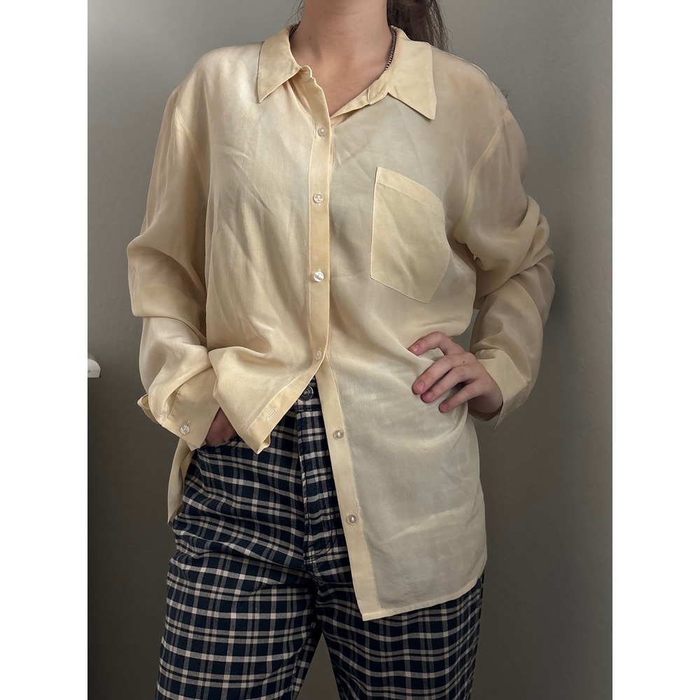 Worthington Silk Blouse XL Buttercream Yellow Button Down‎ Long Sleeve Vintage